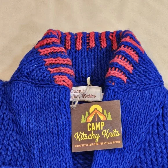 Camp Kitschy Knit Blue Chunky Wool Open Front Belt Starsky Cardigan Size 52 NWT